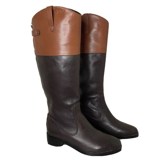 Halston Heritage Barbra Tall Leather Boots Black / Cognac Equestrian Riding Sz 7 - Picture 1 of 16